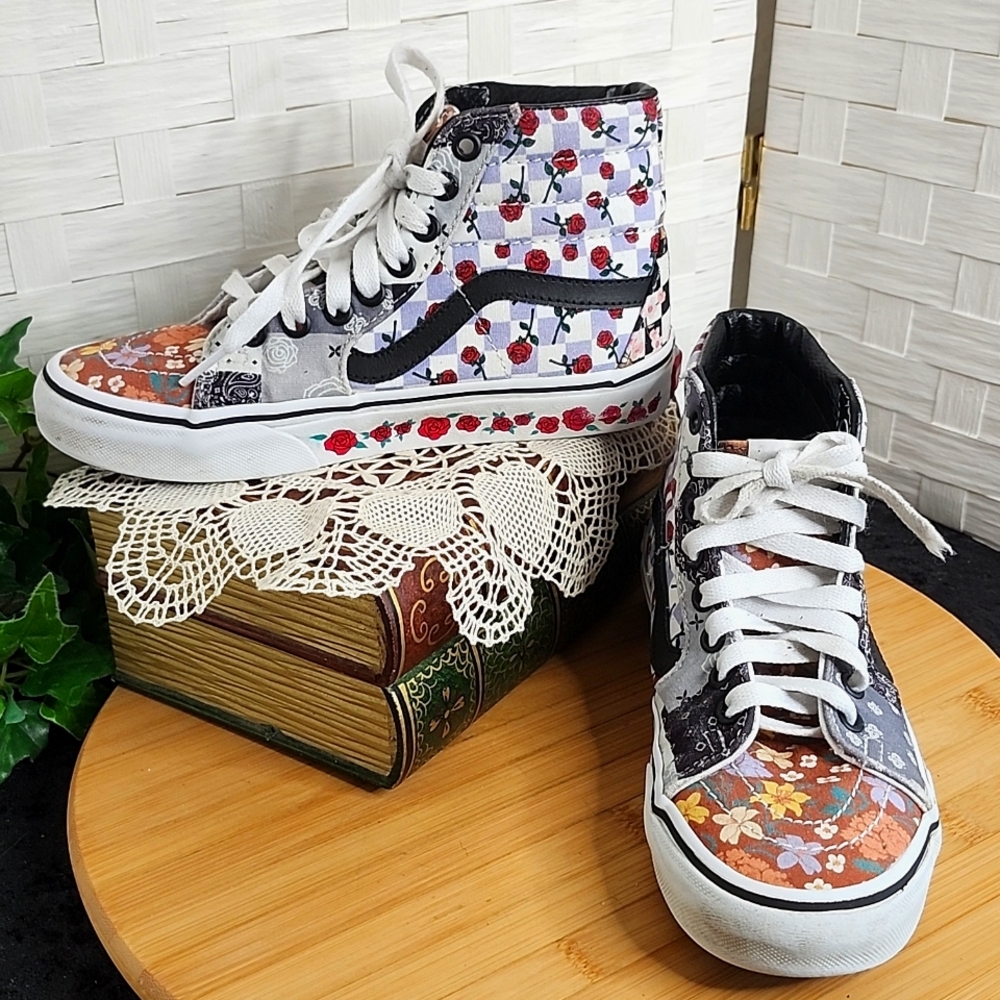 👉*VANS* CUSTOM SK8-HI HIGH-TOP SNEAKERS ~ROSES, BLOSSOMS, CHECKBOARD ~SIZE 5.0